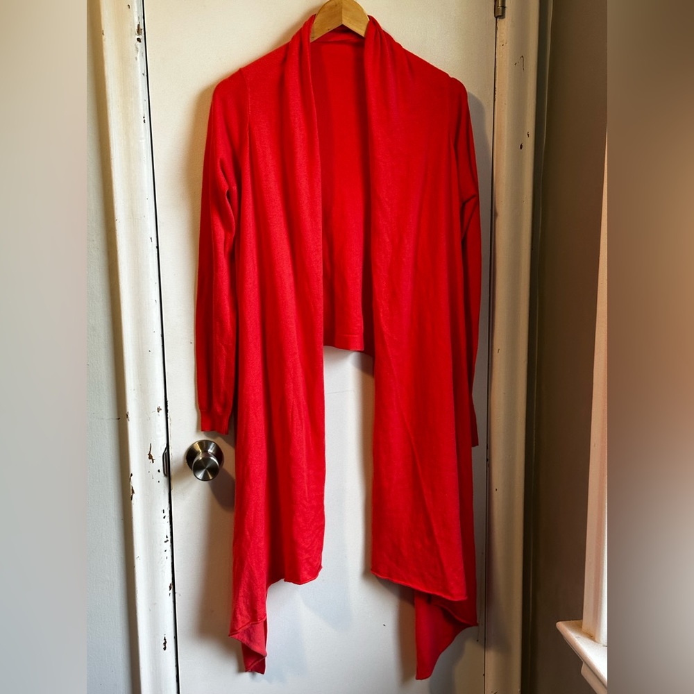 Moda International - coral short back long front open cardigan. Slight pilling